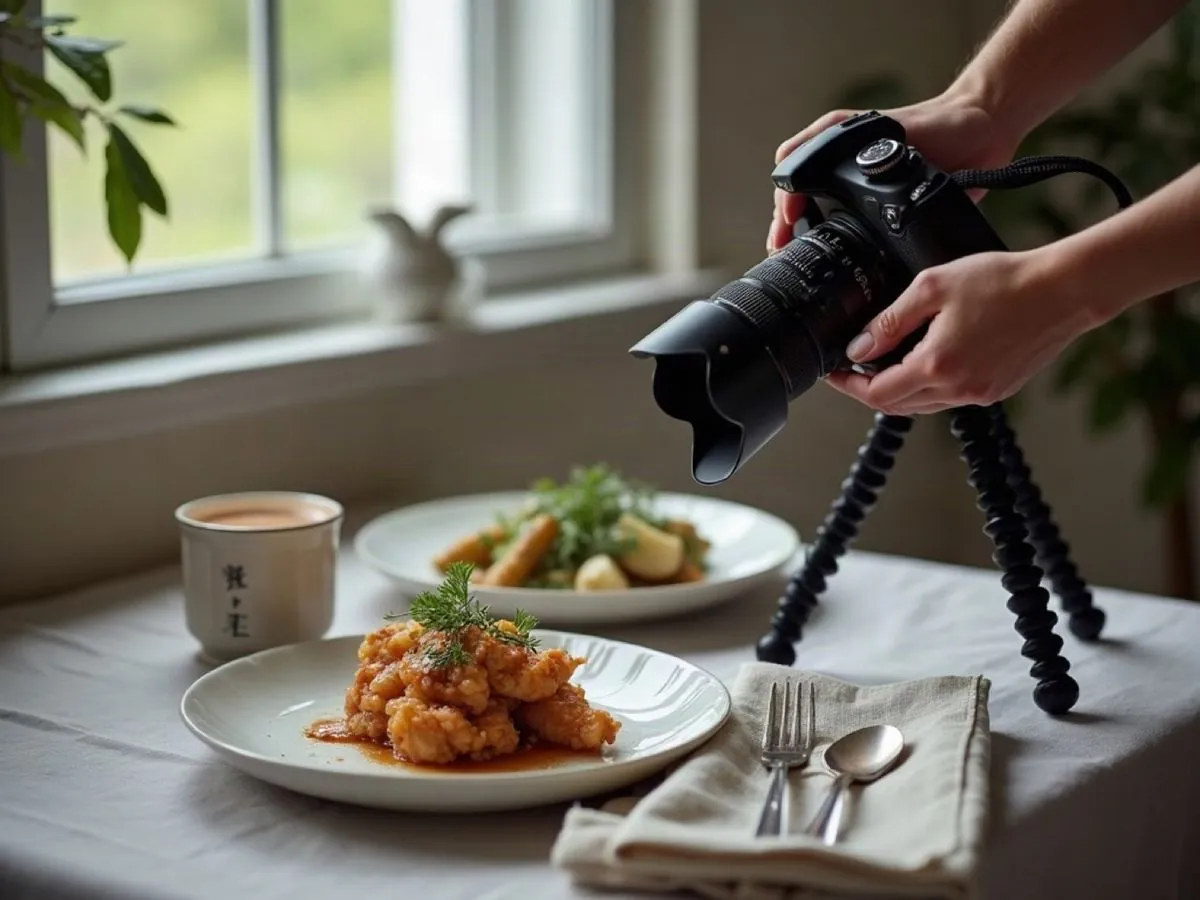 A camera set over a styled plate, mid-shoot