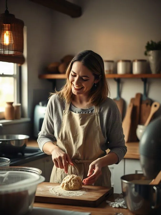 The author kneading dough in her kitchen