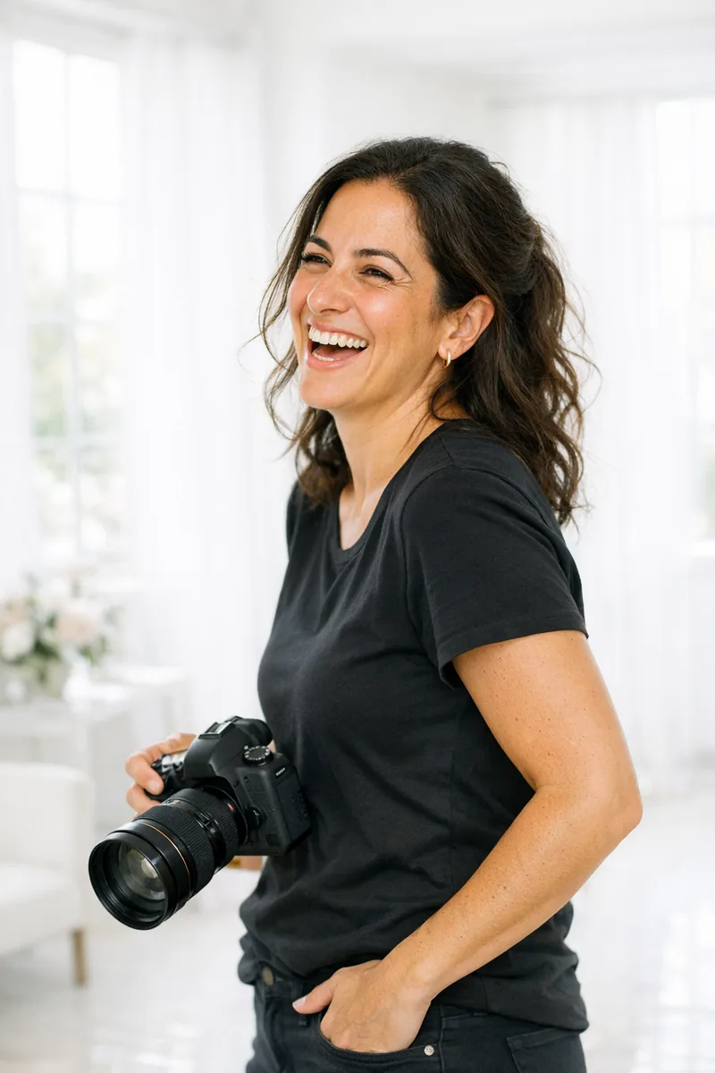Elena at work at a wedding, camera in hand