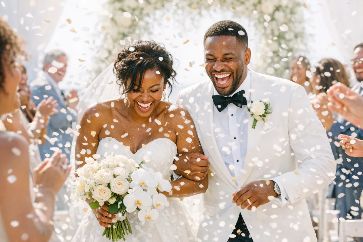 Confetti thrown over a couple walking back down the aisle