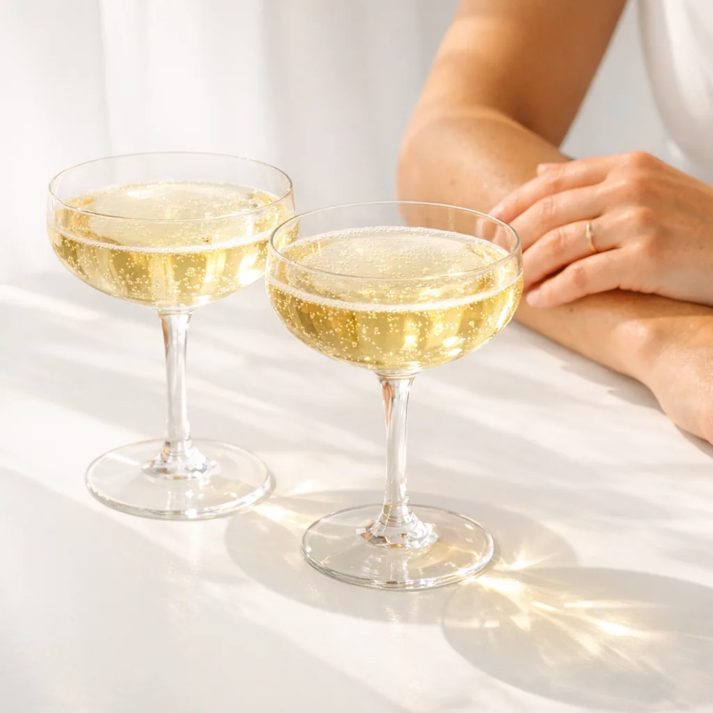 Two coupe glasses catching sunlight