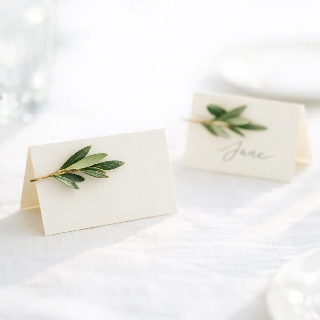 Handwritten place cards with a sprig of olive
