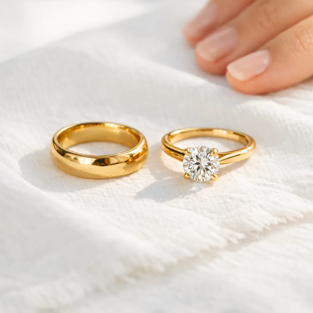 Two gold rings on white linen