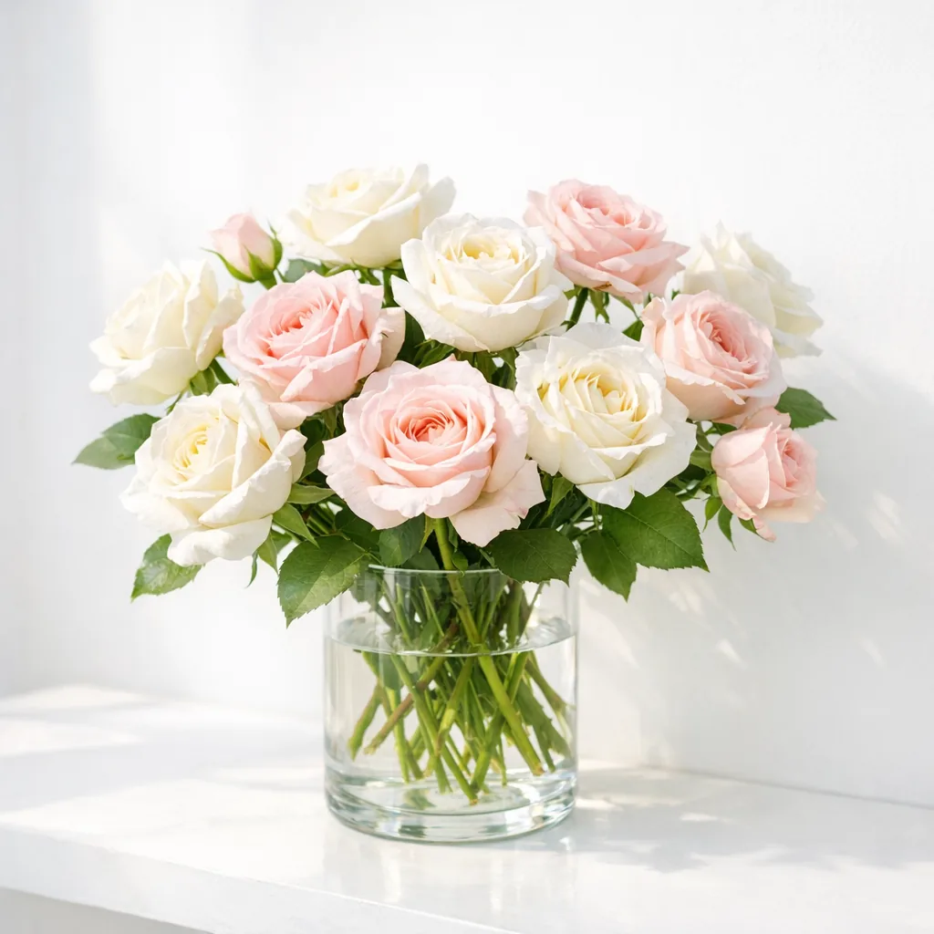 White and blush roses in a clear vase