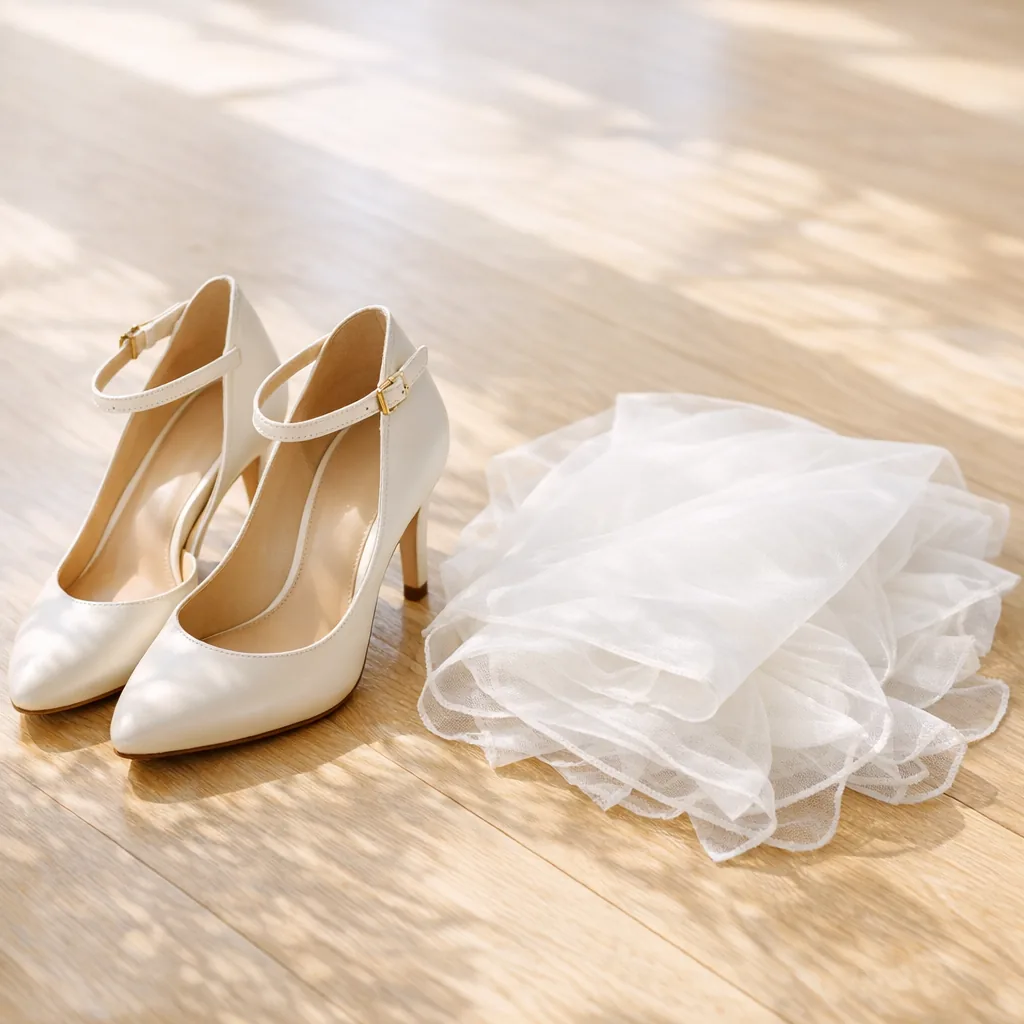 Ivory shoes and a folded veil on a sunlit floor