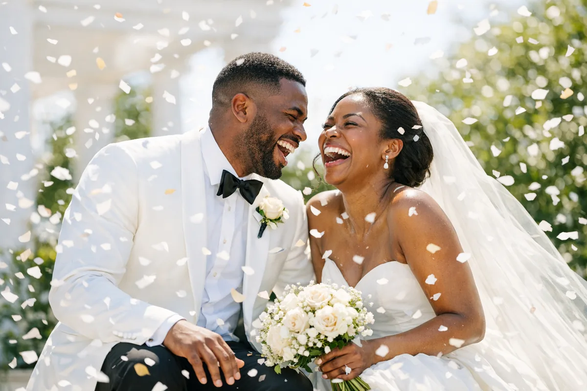 Confetti falling around a laughing couple