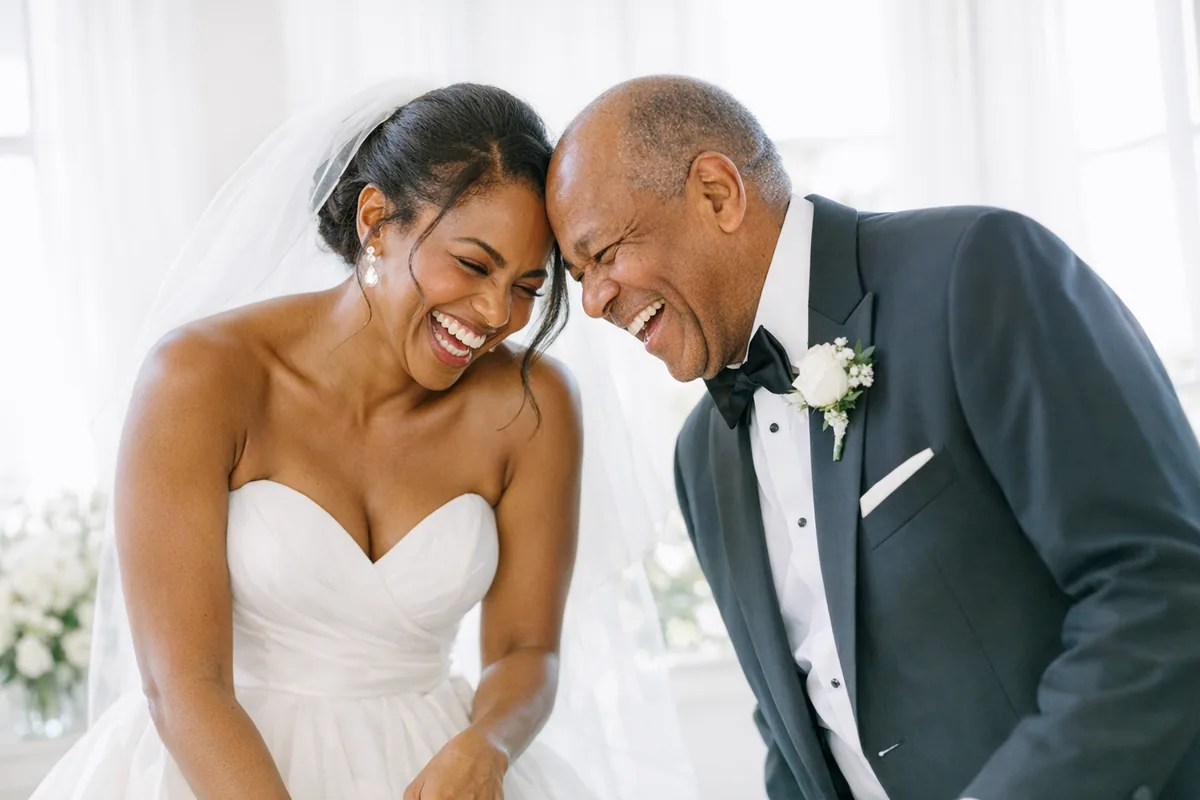 A bride and her father sharing a quiet laugh