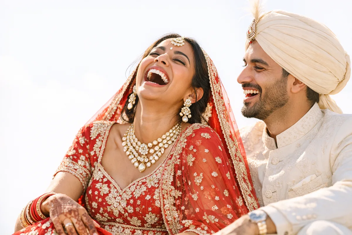 A bride mid-laugh with her head tipped back