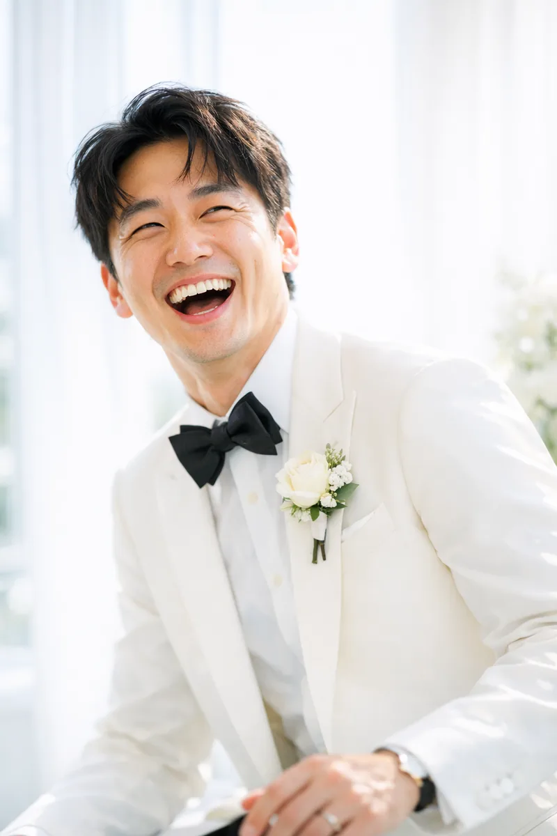 A groom laughing in daylight