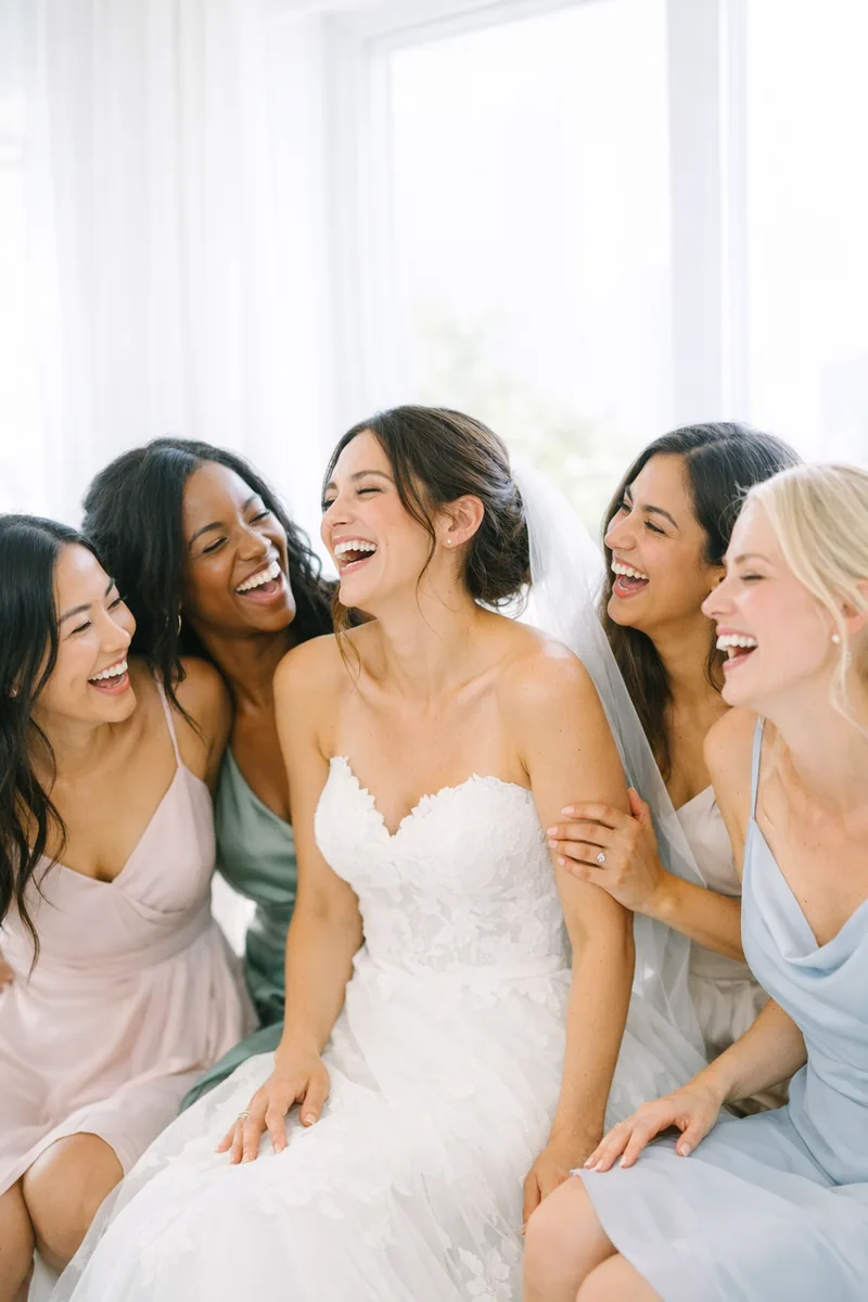 The bridal party laughing together