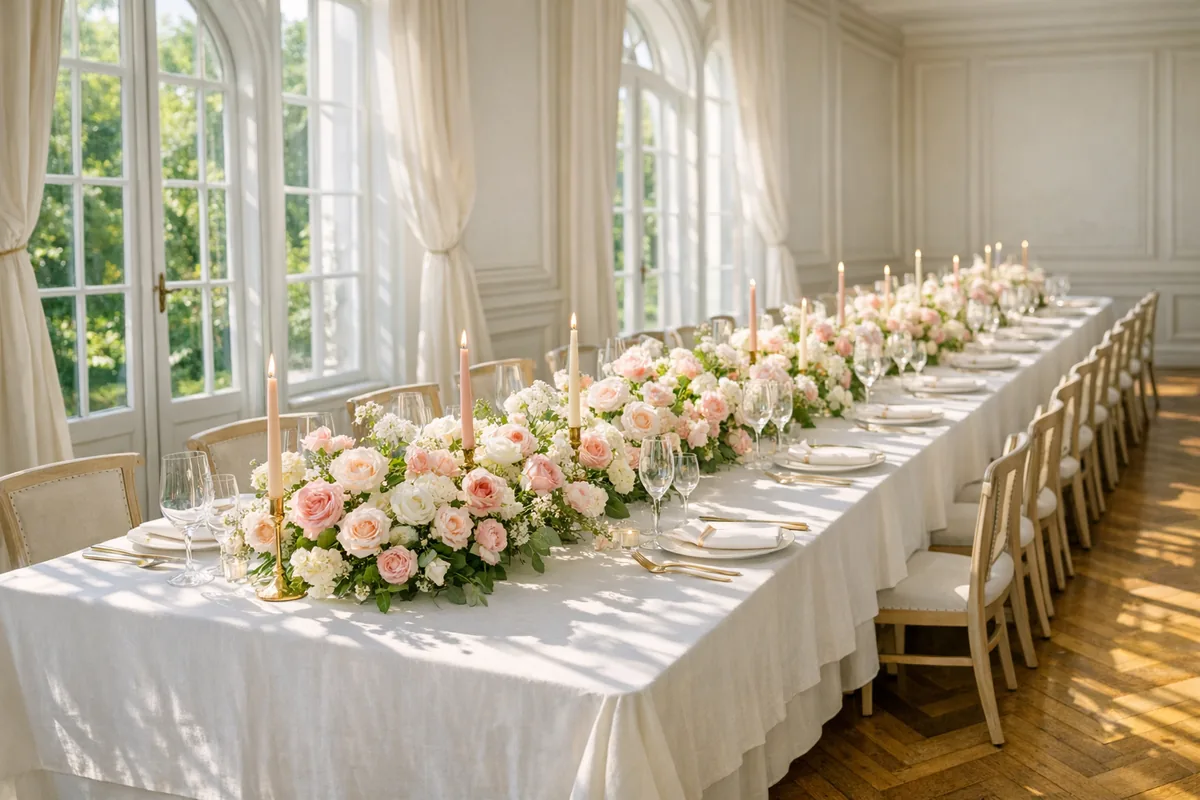 A long banquet table set for dinner