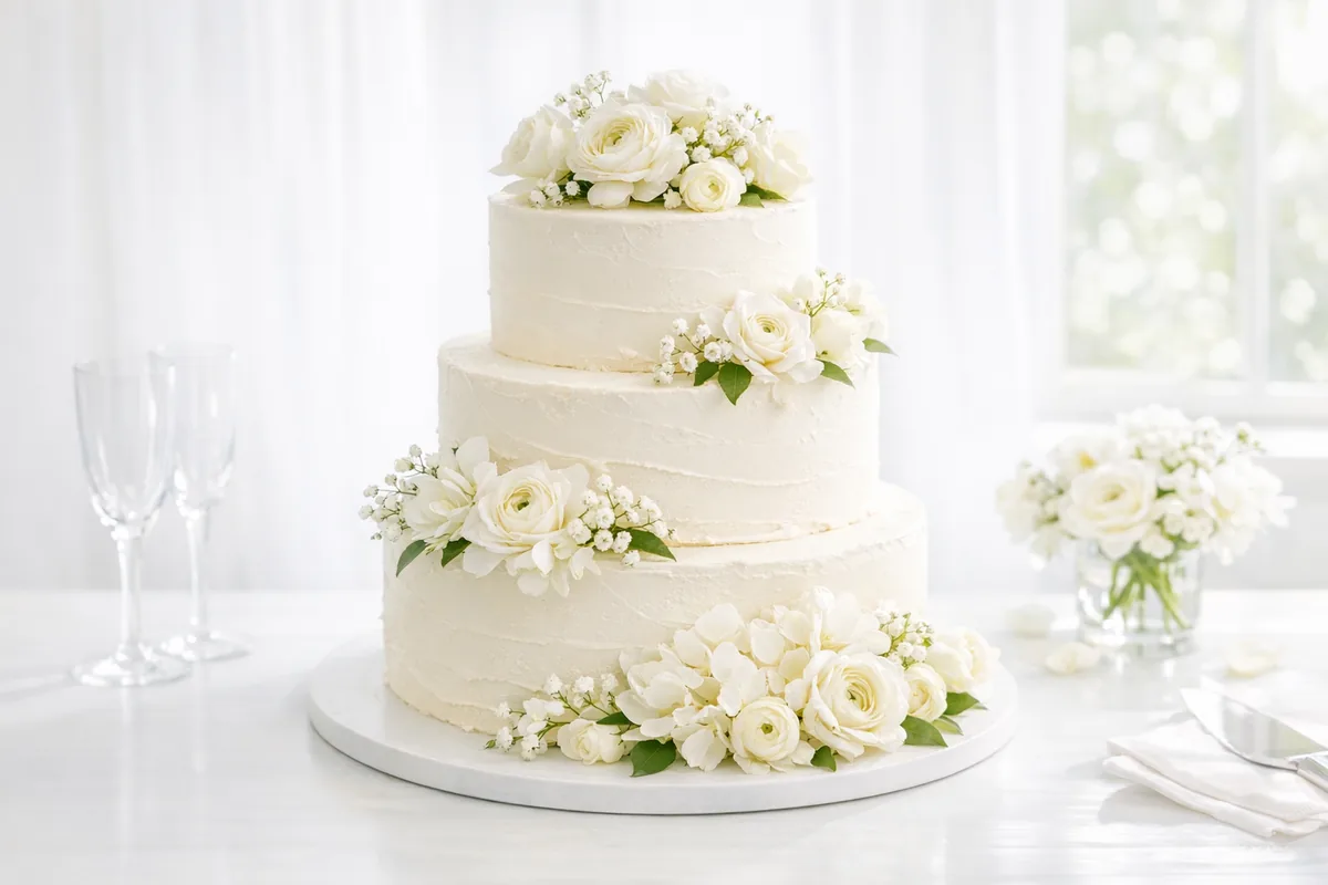 A wedding cake with white flowers on a bright table