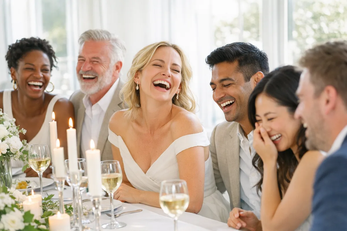 Guests laughing around a candlelit table