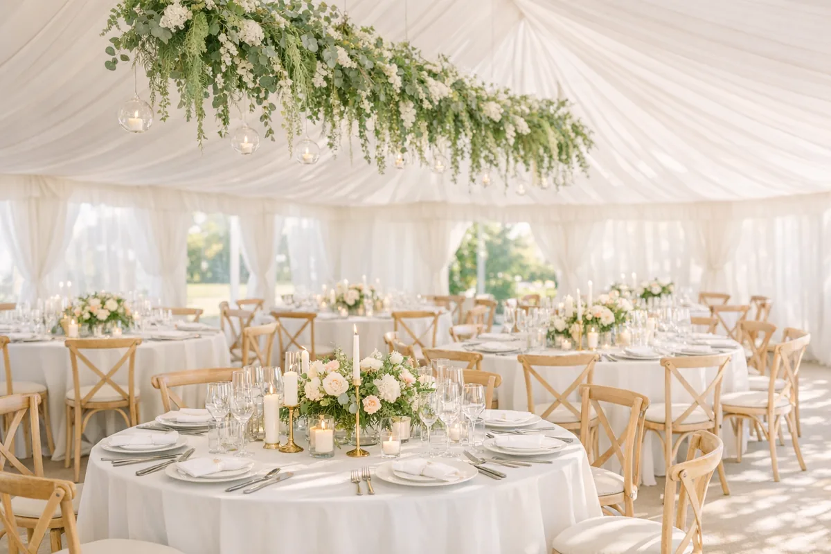 The interior of a marquee with hanging greenery