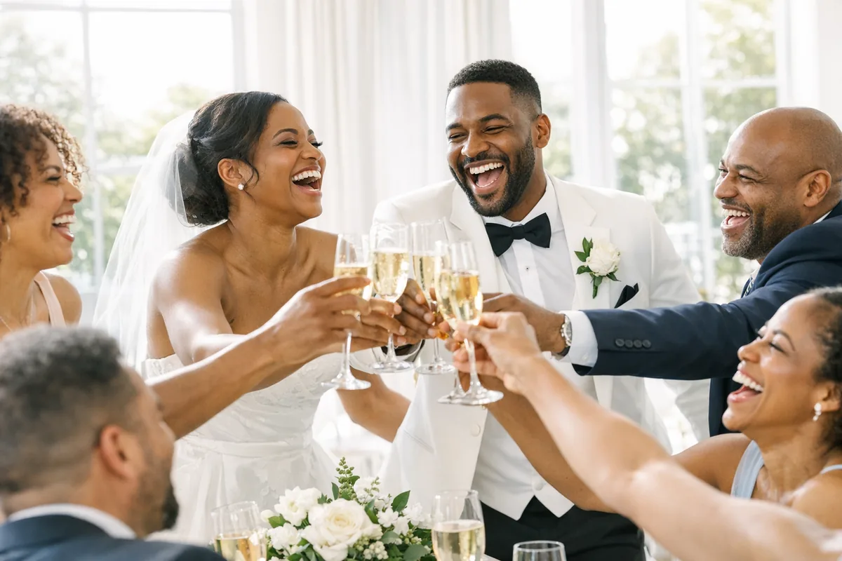 The couple toasting with their guests