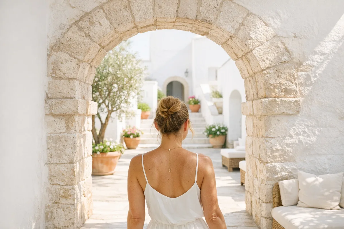 A weathered stone archway opening onto a sunlit courtyard