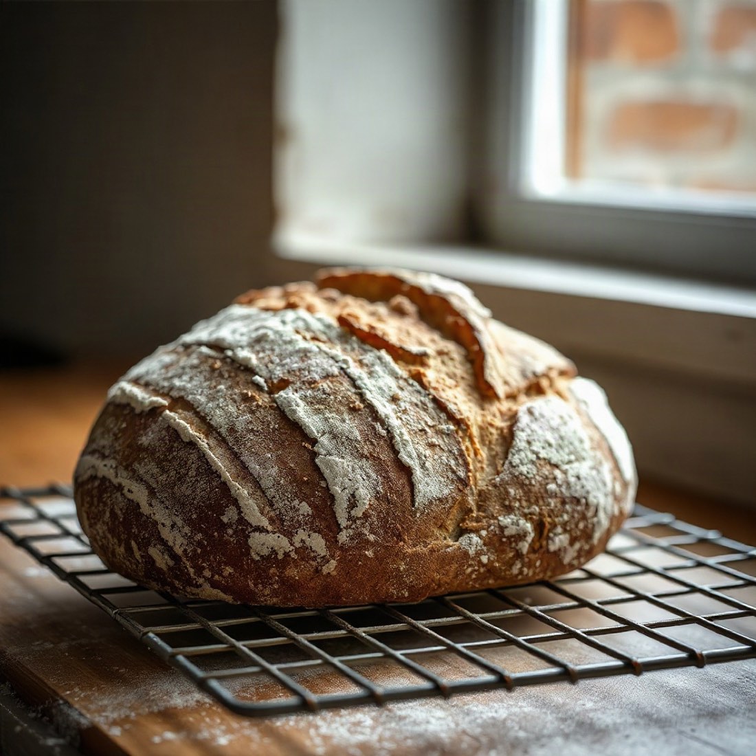 A scored sourdough loaf on a rack