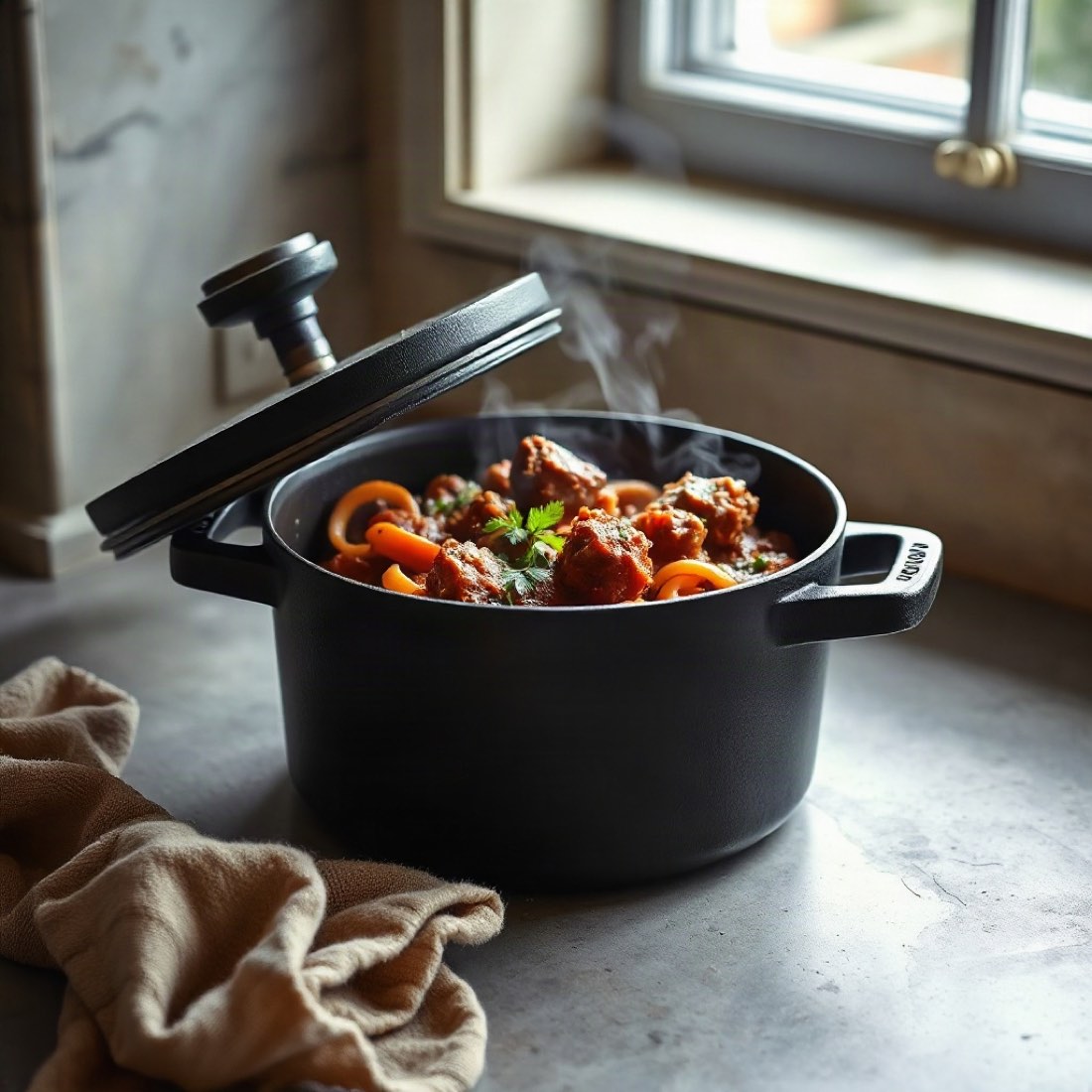 A cast iron pot of beef ragu