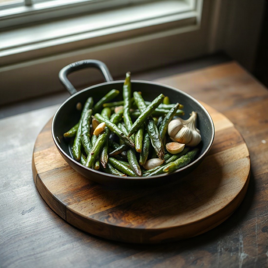 Blistered green beans in a skillet