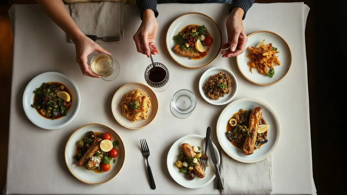 An overhead table of shared dishes