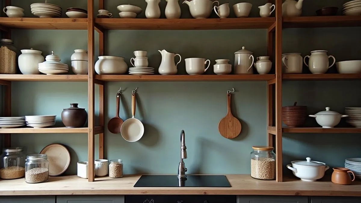 Open kitchen shelving with ceramics, pans and jars